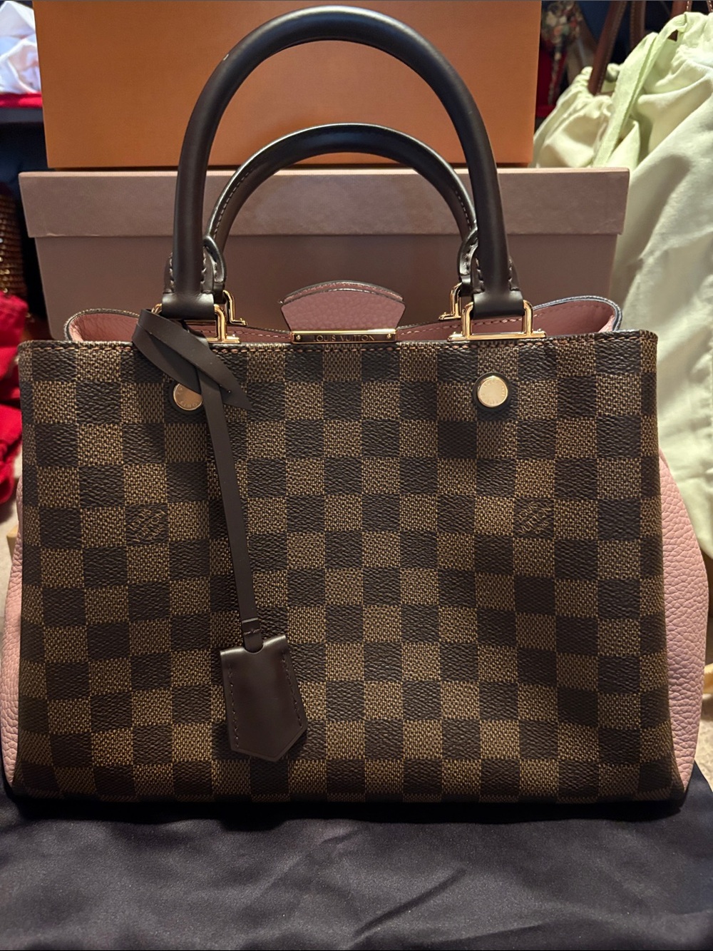 Louis Vuitton Brown Damier Ebene Satchel with Pink Accents